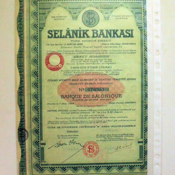 SALONIQUE Selanik Bankasi 1934 *Hisse Senedi