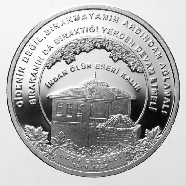 Anadoluyu aydılatanlar serisi no.3 Şeyh Edebali 2018 Gümüş 0.925 Diameter 38.61 mm. 31.1 Gr. Sertifikalı