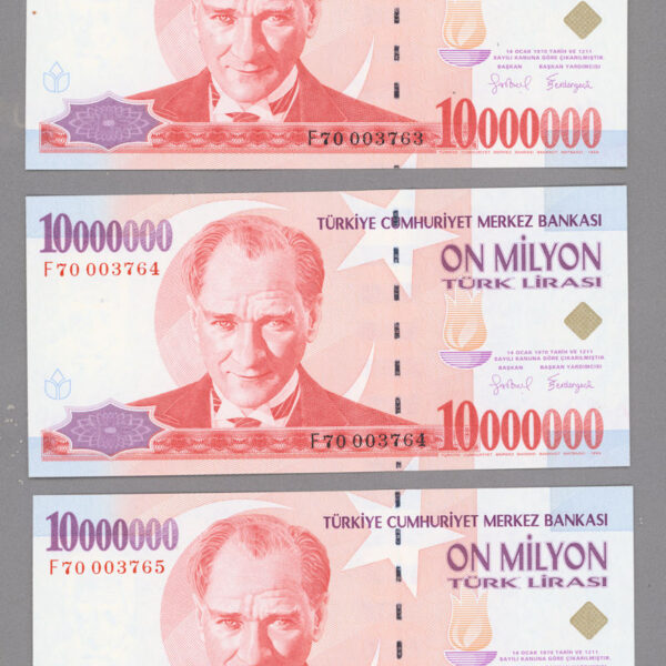 7. Emisyon 1. Tertip 10 000 000 Türk Lirası 1999-2006 seritakipli F70 üç adet çil UNC