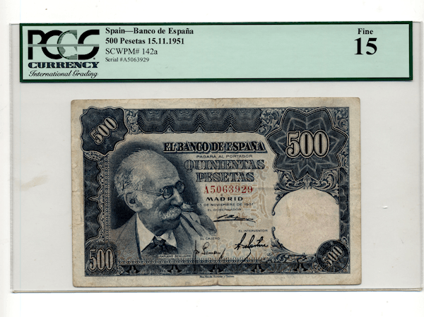 SPAIN Ispanya 500 Pesetas 1951 Pick # 142a PCGS 15 Fine
