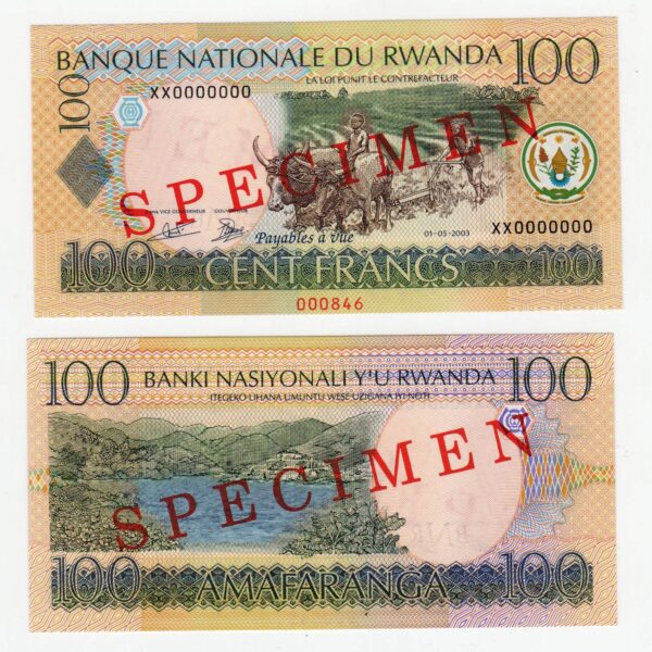 RWANDA 100 Francs 2003 SPECIMEN – aUNC SATILDI - OUT OF STOCK