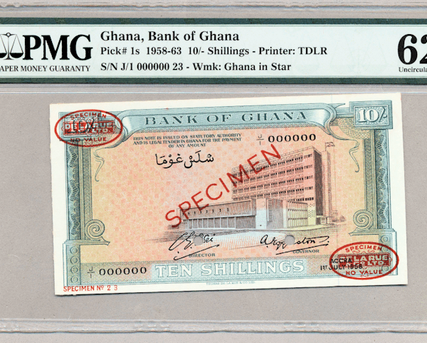 GHANA 10 Shillings 1958-63 SPECIMEN Pick#1d PCGS 62 UNC
