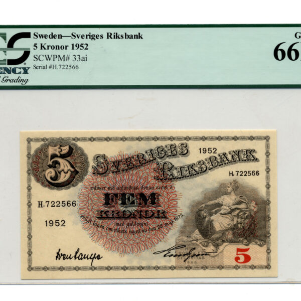 SWEDEN 5 Kronor 1952 Pick#33ai PCGS 66 PPQ - UNC *SATILDI - OUT OF STOCK