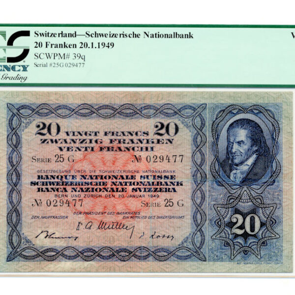 SWITZERLAND 20 Frank 1949 Pick # 39q PCGS 20 VF (çt)