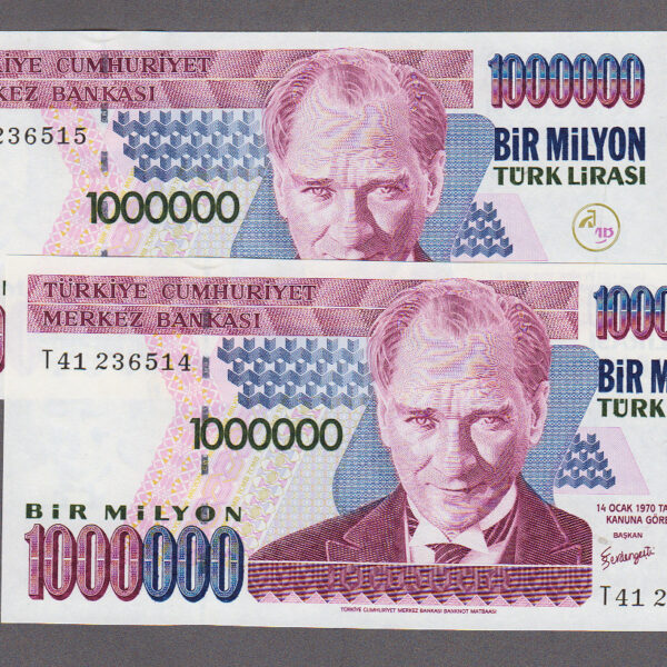 7. Emisyon 1 000 000 Türk Lirası 2 adet seri takipli 2002-2006 (7. Emisyon 3. Tertip) T41 harfi çil - UNC