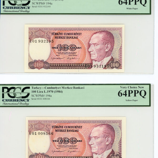 7. Emisyon 100 Lira 2. Tertip Pick # 194a *E01 Sarı kağıt/Beyaz kağıt *TAKIM PCGS sertifikalı 64 EPQ çil
