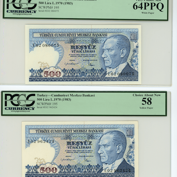 7. Emisyon 500 Lira 2. Tertip Pick # 195 Serie E02 Sarı kağıt/Beyaz kağıt *TAKIM PCGS sertifikalı 58/64