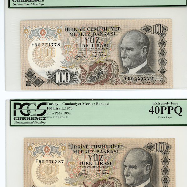 6. Emisyon 100 Lira 2. Tertip Pick # 189a *F90 Sarı kağıt/Beyaz kağıt *TAKIM PCGS sertifikalı *SATILDI - OUT OF STOCK