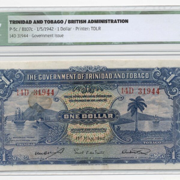 TRINIDAD and TOBAGO 1 Dollar 1942 Pick # 5c ICG 30 VF
