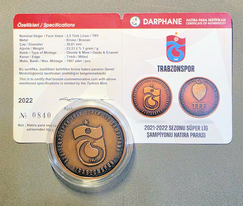 Trabzonspor 2021-2022 sezonu Şampiyonluk Bronz Hatıra Parası Sertıfıkalı