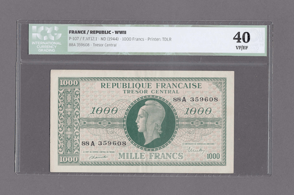 FRANCE REP. TRESOR Fransa 1000 Francs ND 1944 Pick # 107 ICG 40 VF/EF