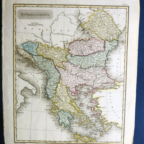 Harita Historical MAP - TURKEY in EUROPA *Balkanlar (elle renklendrilmiş) 24 x 20 cm.