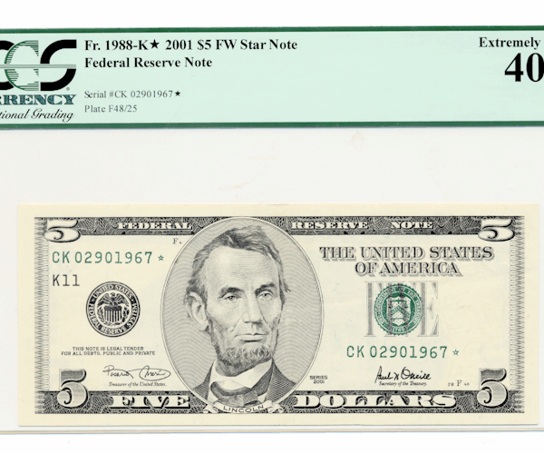 U.S.A. 5 Dollars 2001 FW Star Note PCGS 40 EF *ççt