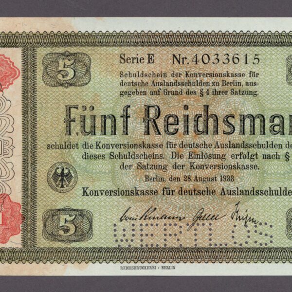 DEUTSCHLAND 5 Reichsmark 1933 *WERTLOS Specimen UNC