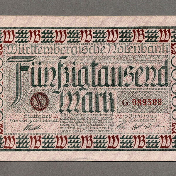 Deutschland ALMANYA 50000 Wüttenberg Mark EF ççt Banknot
