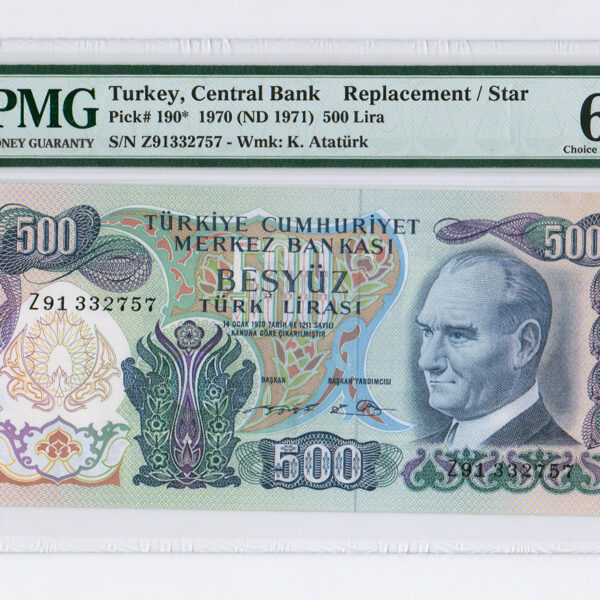 6. Emisyon 500 Lira REPLACEMENT Pick # 190* Pmg 64 Epq – Unc Sertifikalı Banknot *SATILDI - OUT OF STOCK