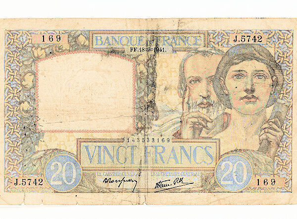 FRANCE 20 Francs 1941 *haliyle, bir çok delikle
