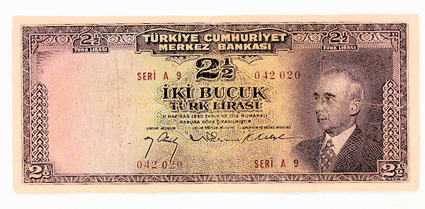 3. Emisyon 1. Tertip 2 buçuk Lira 1947-52 Pick#140 VF – çt