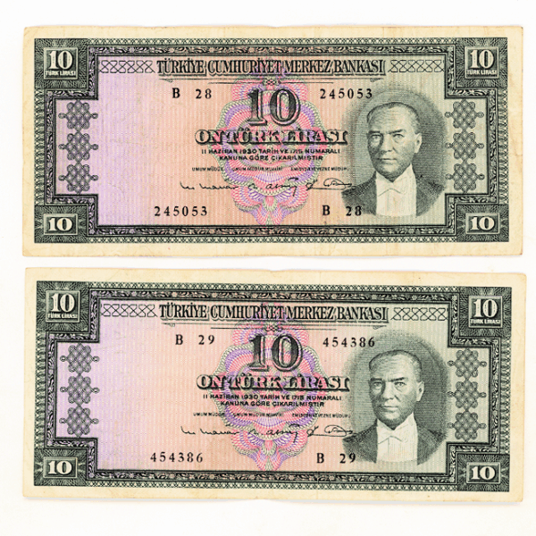5. Emisyon 10 Lira 1963-66 Banknot 6. Tertip 2 adet seri HARF takipli, B28 ve B29 *VF - çt