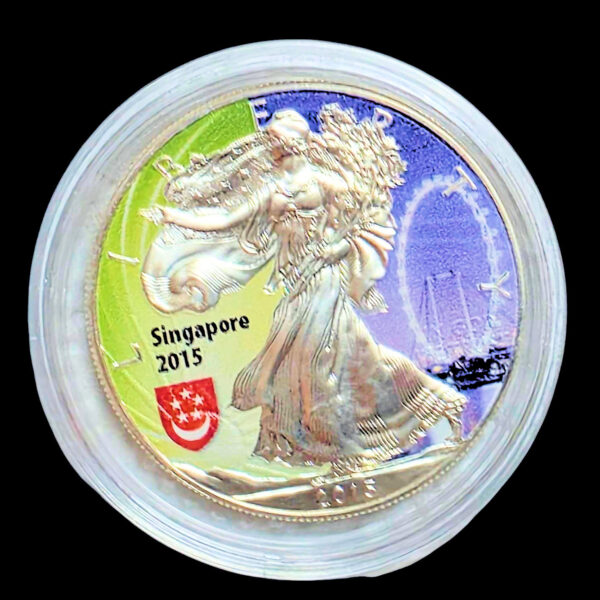 U.S.A. - SINGAPORE SİNGAPUR EXPO 2015 FUARI - RENKLİ BASKI Amerika "Silver Eagle" Dollar 2015 - (Philadelphia Darphanesi - 31,20 Gr 999 Ayar Gümüş) KM#273 - ÇİL(+)