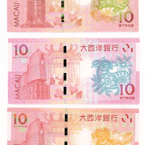 MACAU 10 Patacas 3 adet, farklı renklerde UNC - çil banknot