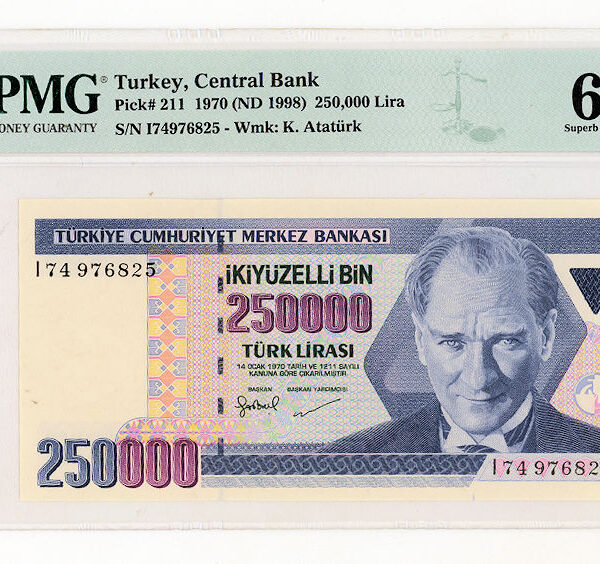 7. Emisyon 250 000 Lira Alanya ND 1992 Pick#211 PMG 67 EPQ – UNC çil banknot