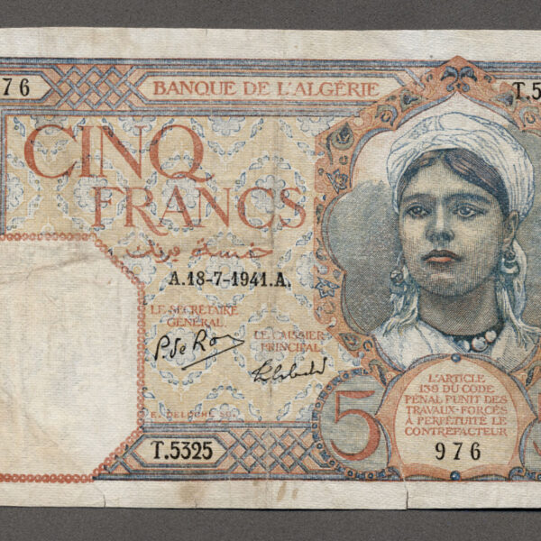 Algeria Banque de L`ALGERIE 5 Francs 1941 VF+