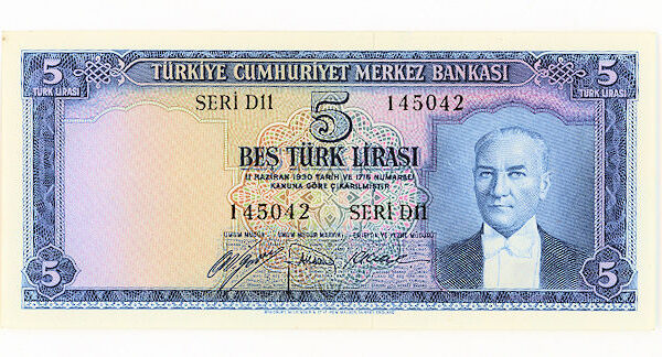 5. Emisyon 5 Lira 1. Tertip 1952-68 Pick # 154a *AU