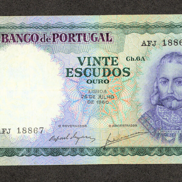 Portugal 20 Ecudos 1960 Pick#163a *EF+ *ççt+ banknot