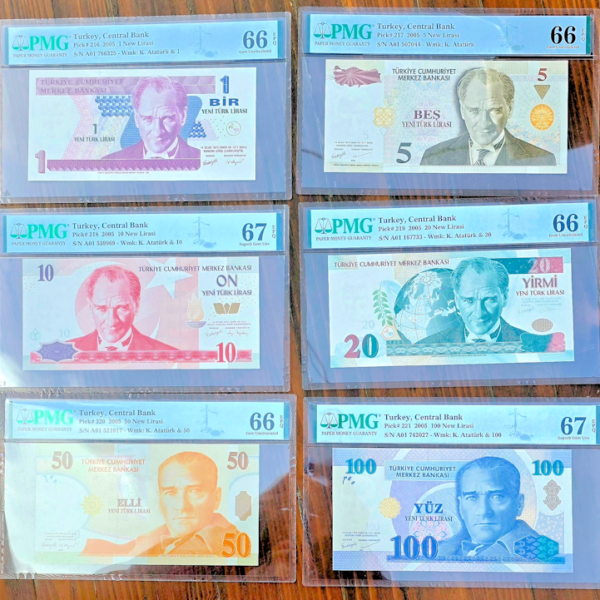 T.C. 8. Emisyon Banknotlari, tam takım PMG sertifikalı UNC-çil