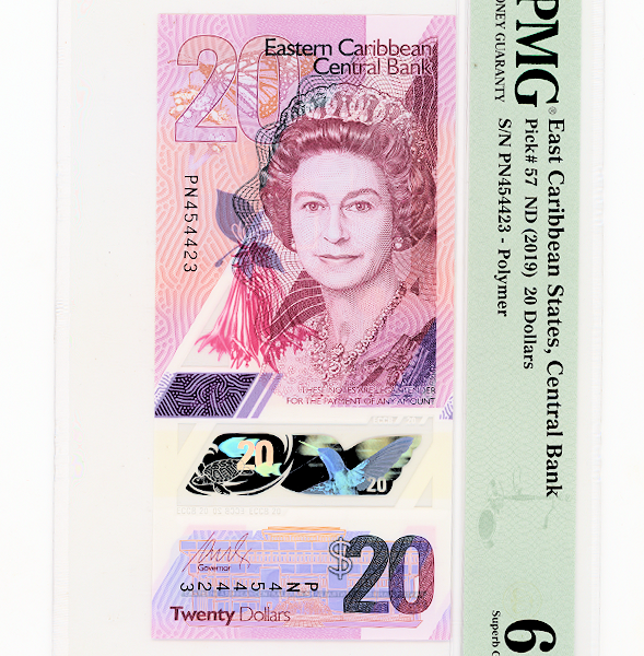 EASTERN CARIBBEAN CENTRAL BANK 20 DOLAR 2019 PMG 67 EPQ - UNC *Kraliçe / ÇİL banknot