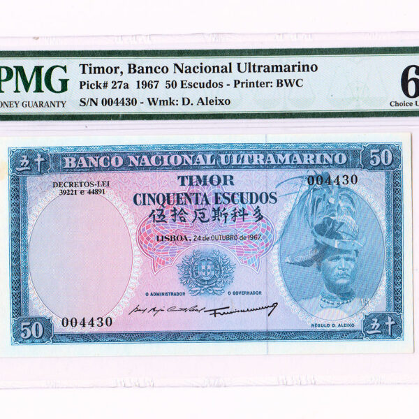 TIMOR 50 Escudos 1967 PMG 64 sertifikalı çil