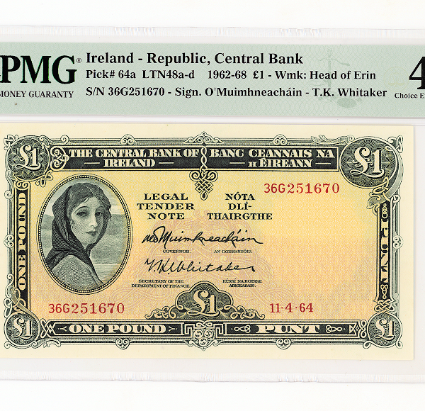 IRELAND 1 Pound 1962-68 Pick # 64a Central Bank - *Irlanda PMG 45 EF