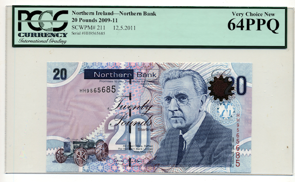 NORTHERN IRELAND 20 Pounds 2009-11 Pick#211 Northern Bank - UNC PCGS 64 PPQ *Kuzey Irlanda çil