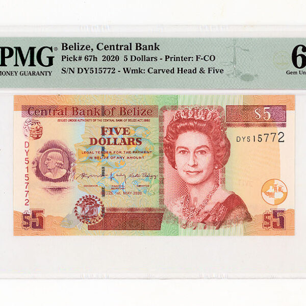 BELİZE 2020 YILI 5 DOLAR PMG 65 EPQ UNC - ÇİL banknot