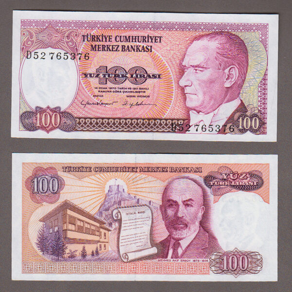 7. Emisyon 100 Lira 2. Tertip Pick # 194a serie D52