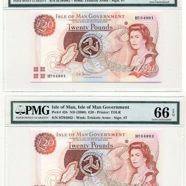 JERSEY 20 Pounds ND 2010 Pick # 45b PMG 66 EPQ – UNC (2 banknotes w/ following numbers)