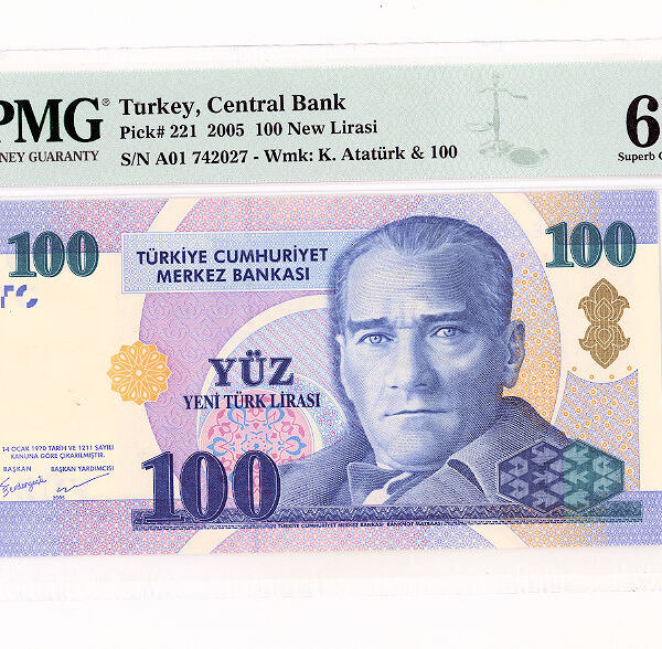 8. Emis. 100 Yeni Türk Lirası 2005 Pick#221 PMG 67 EPQ UNC - serial A01