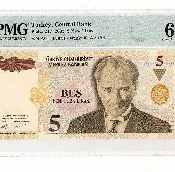 8. Emis. 5 YTL 2005-2010 1. Tertip Serial A01 Pick#217 PMG 66 EPQ - UNC *çil