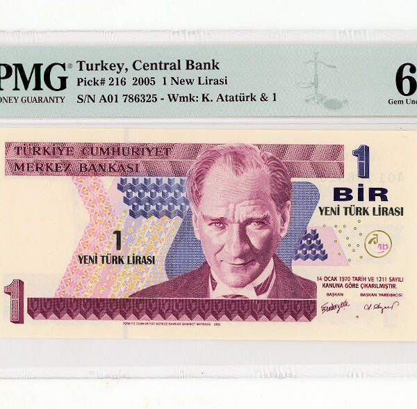 8. Emis. 1 YTL 2005-2010 1. Tertip Seri A01 Pick#216 PMG 66 EPQ - UNC *çil