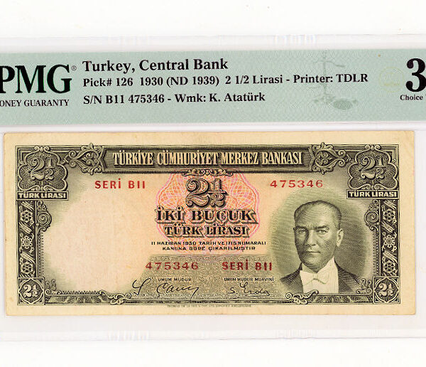 2. Emisyon 2,5 Lira 1939-52 (Printed in England) Pick#126 *VF – çt