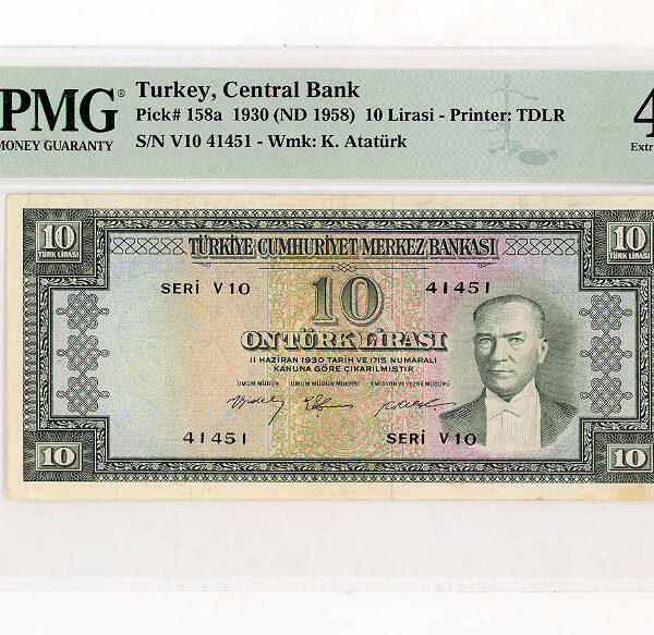 5. Emisyon 10 Lira (ND 1958) 3. Tertip PMG 40 EF - ççt (seri V10)