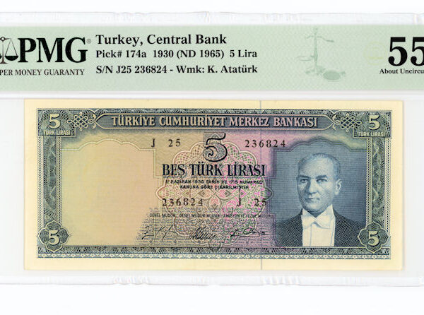 5. Emisyon 5 Lira 1961-65 TURKEY Pick # 174a PMG 55 aUNC *çilaltı