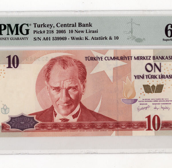 8. Emis. 10 Yeni Türk Lirası 2005 A01 harfi 1. Tertip PMG 67 EPQ çil – UNC