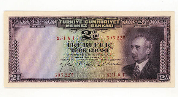 3. Emisyon 1. Tertip 2 buçuk Lira 1947-52 Pick#140 AU/EF