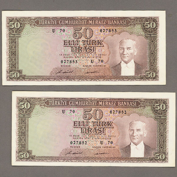 5. Emisyon 50 Lira 1964 *ND (1976) 5th Emis. 7.ter. ççt / EF (2 adet takipli seri numara)