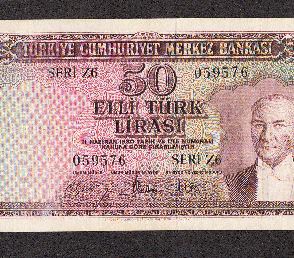 5. Emisyon 50 Lira 1957-1979 Pick#165a VF - 4. Tertip *çt banknot Seri Z6
