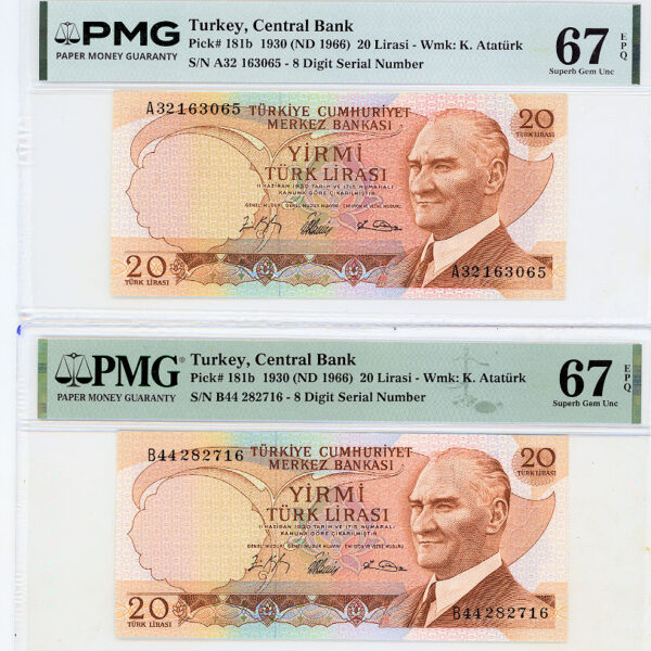 6. EMİSYON 20 Lira 1974 Pick#187b UNC - A+B serial PMG 67 EPQ