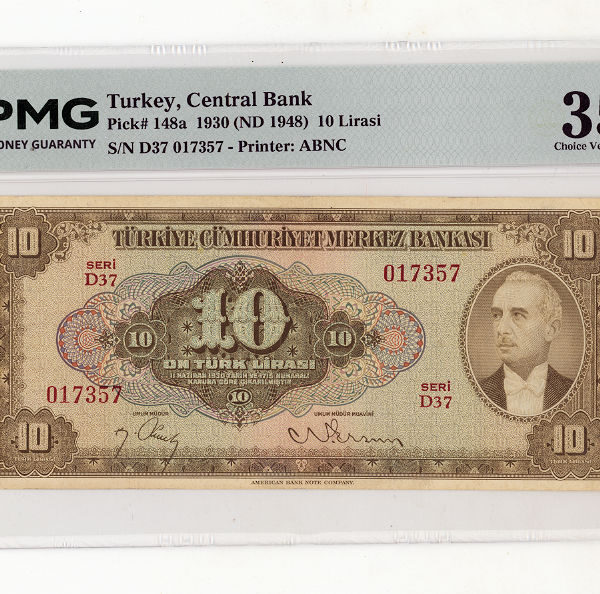 4. Emisyon 10 Lira 1948-52 Banknot 2. Tertip Pick#148a PMG 35 EPQ -  VF*çt
