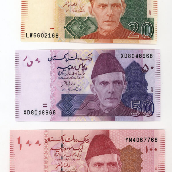 Pakistan 20+50+100 Rupees banknot ÇİL - UNC